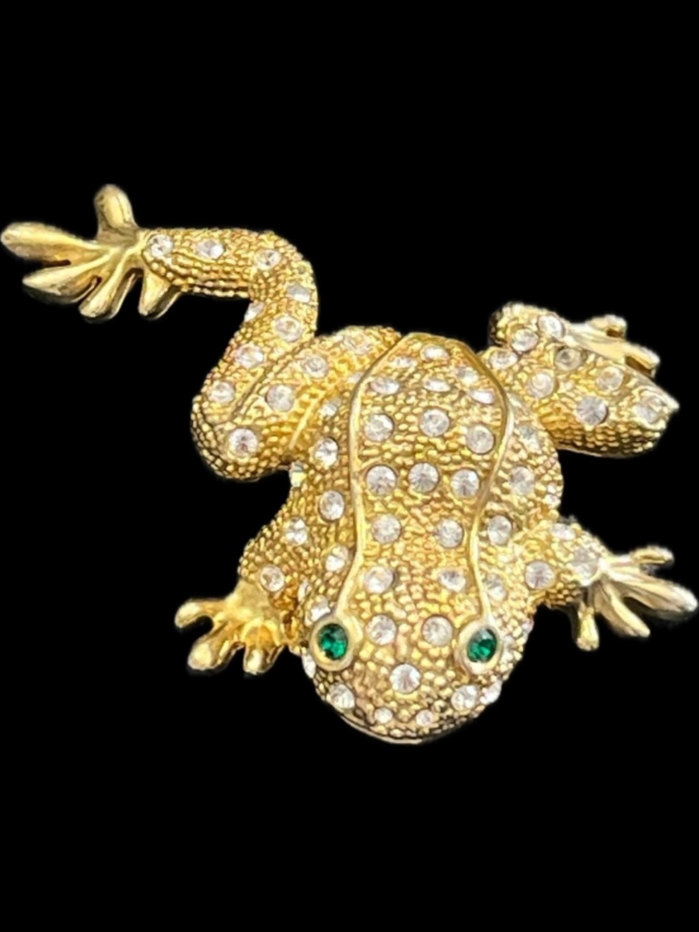 Huge FROG crystal rhinestone statement emerald green gold brooch pin vintage HSN